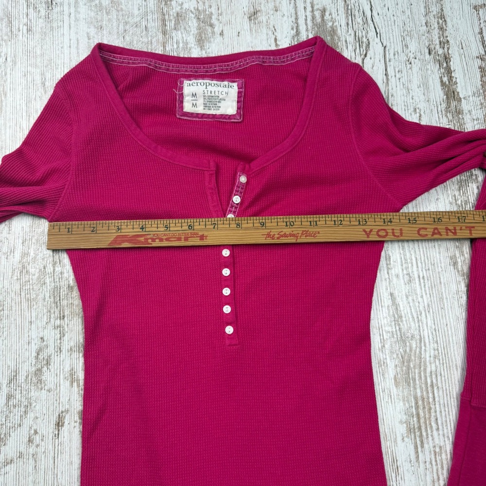 VTG Y2K Aeropostale Magenta Pink Waffle Knit Henley Long Sleeve Top M Coquette - Picture 6 of 8